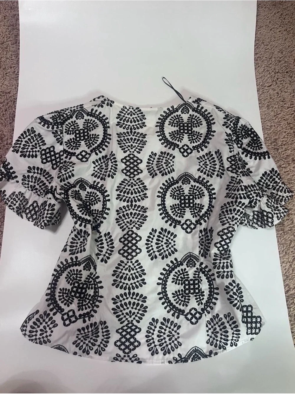 Zara Black & White Embroidered-Pattern V-Neck Blouse